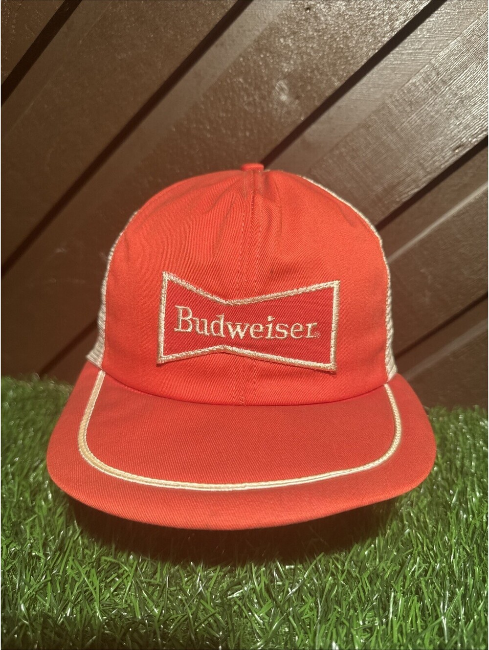 VTG Budweiser Trucker Hat Mesh Snapback Red Orange Bowtie Logo White Piping 80s
